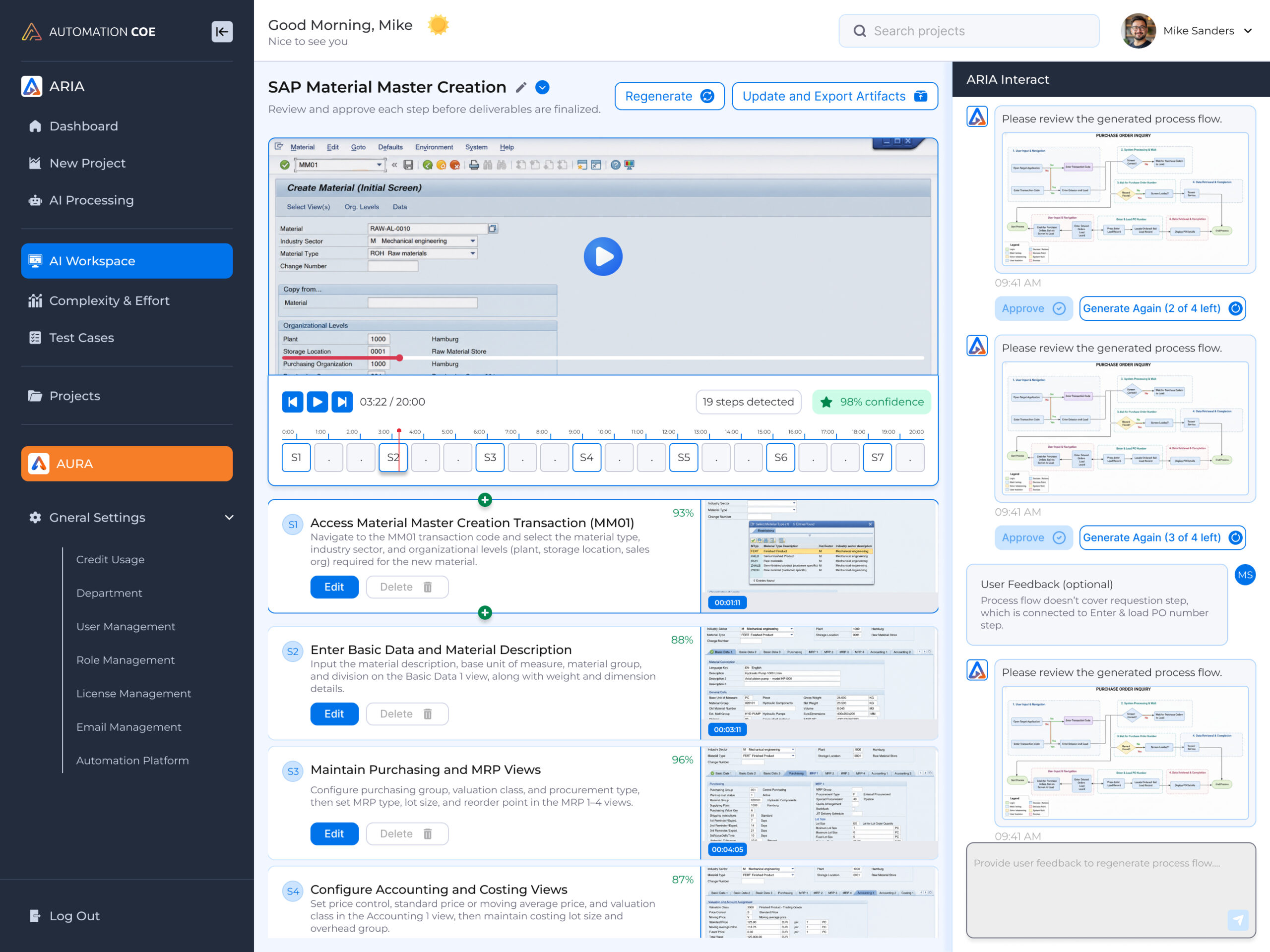 ARIA workspace dashboard